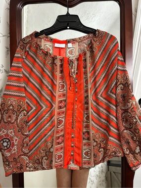 New York & Company Red Paisley-Stripe Bohemian Tie-Neck Tunic